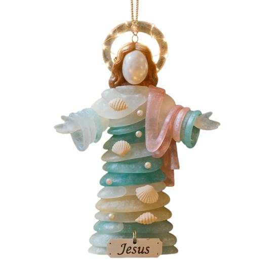 Yousheng Sea Glass Jesus Christmas Ornament Handmade Jesus Hanging Decoration Coastal Nativity Christmas Tree Ornament for Home Decor