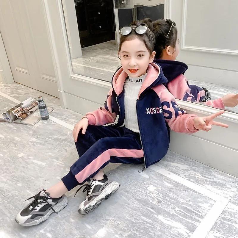 

Зимовий теплий дитячий комплект одягу для дівчаток, стьобана підкладка з плюшевим велюром, куртка з капюшоном + штани, костюм з 2 предметів для дітей 3-12 років 140cm