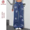 Women's Jeans 25 Flower Hot Drilling Loose Straight Pants Fashion Brand
