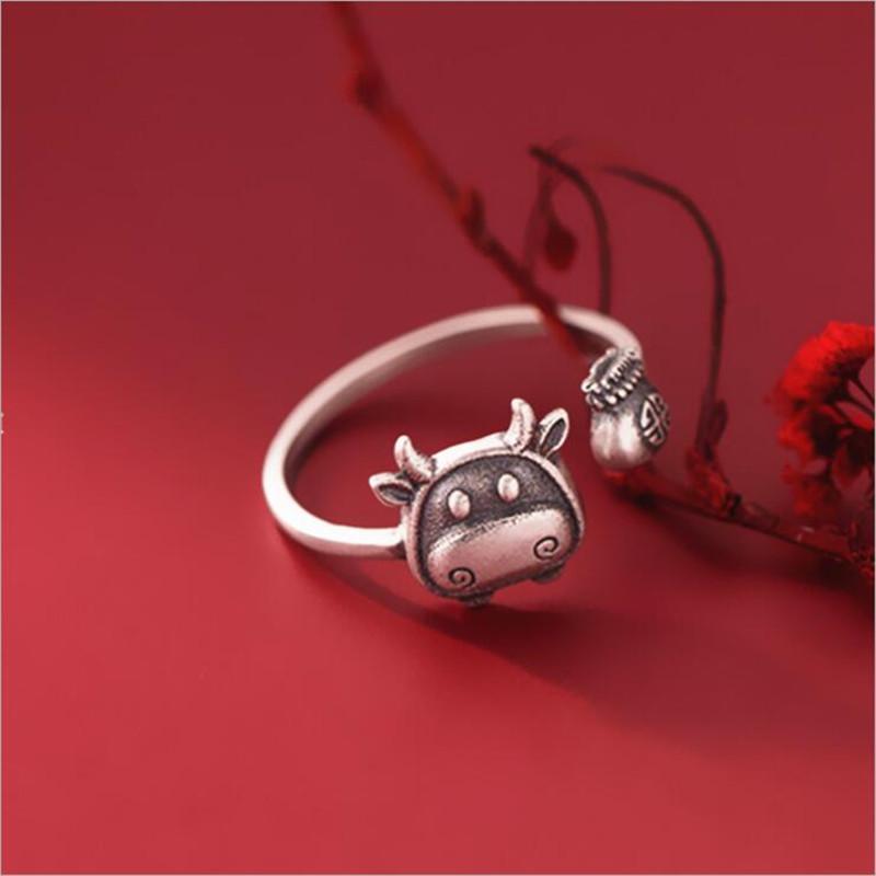 New Personality Zodiac Bull Retro 925 Sterling Silver Jewelry Sweet Calf Luck Bag Thai Silver Animal Opening Rings TYB432