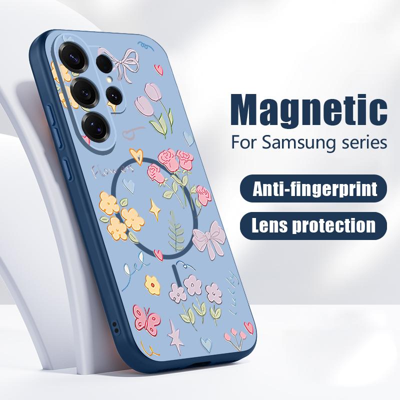 Custodia Magnetica Per Magsafe Per Samsung Galaxy S26 Ultra S25 Edge S24 Plus S23 FE S22 A17 A54 A55 A56 A57 5G Copertura Floreale Cartone Animato Margherite Fiore di Pesco