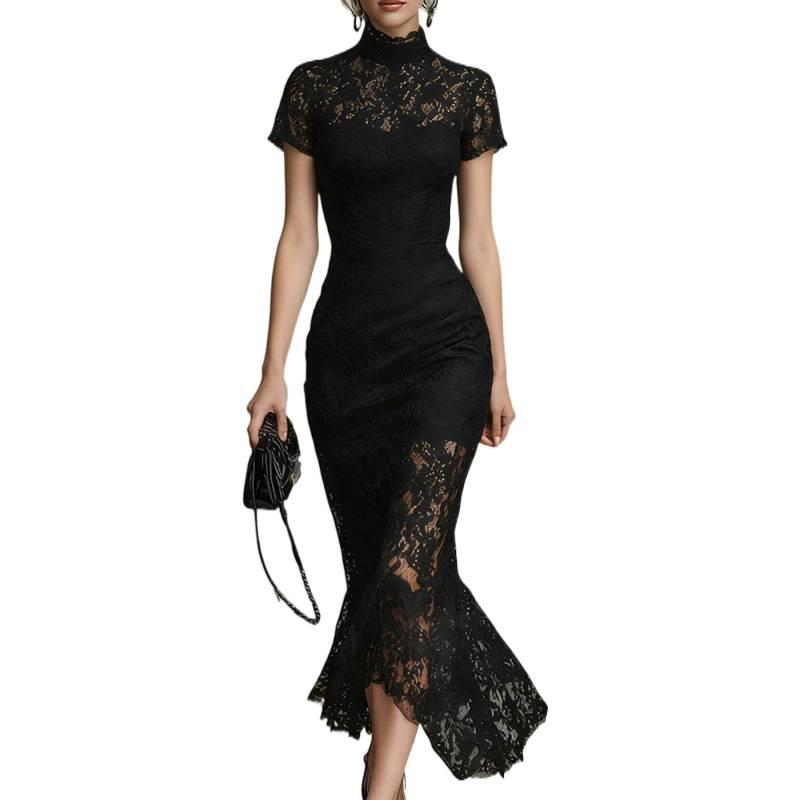European and American Summer Short-sleeved Dress High Luxury Banquet Style High Waist Slim-fitting Lace Splicing Women's Long Dress