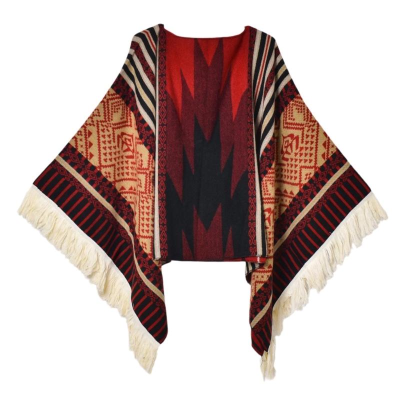 

Elegant Open Front Warm Ethnic Shawl Knit Wrap for Women Soft Warm Stylish Oversized Scarf Wrap Tassels бордовый