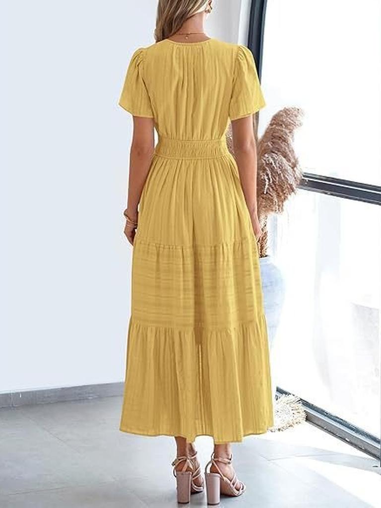 Spring/Summer Women's Fashion V-Neck Ruffled Bubble Sleeve Layered Maxi Dress for Women