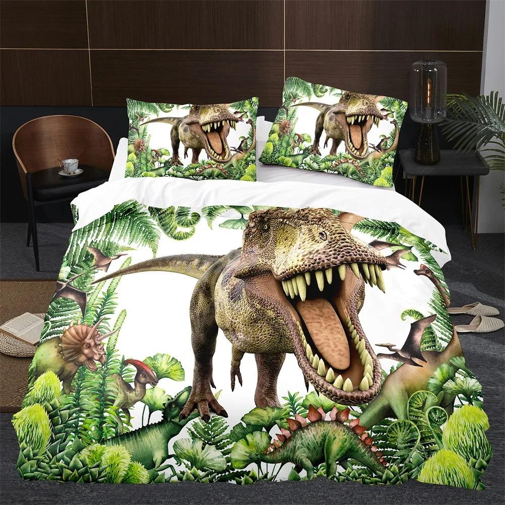 BCartoon Dinosaur Duvet Cover King Queen Size Jurassic World Theme Bedding Set for Kids Boys Ancient Animal Polyester Quilt Cove