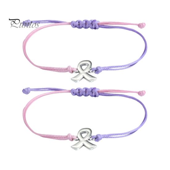 Soft Woven Rope Jewelry 2 Pcs Breast Cancer Awareness Bracelets, Adjustable Braided String Stackable Wrist Accessories Bracelets with Ribbon