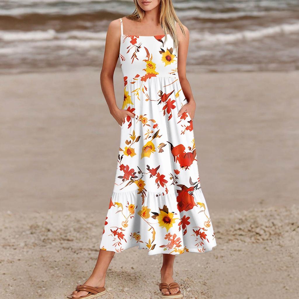 Women's Summer Spaghetti Strap Patchwork Beach Vacation Floral With Pocket Dresses