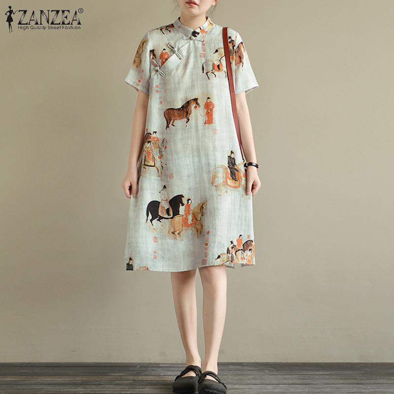 

ZANZEA Женское повседневное летнее платье с короткими рукавами и воротником-стойкой