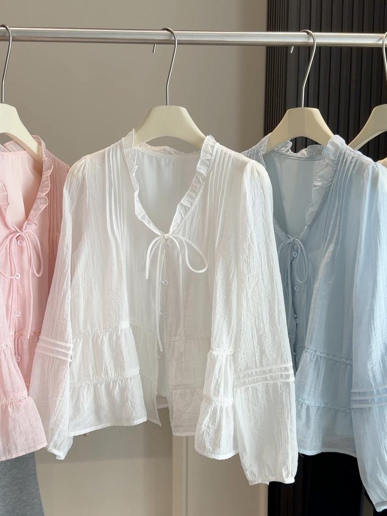 Spring and Summer Thin Fungus Edge V-neck Strap-on Shirt Women's French Loose Lantern Sleeve Inner Top Shirt