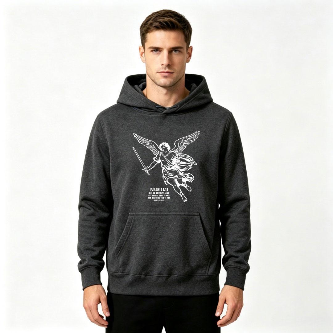 Men s Psalm 91:11 Warrior Angel White Ink Print Hoodie Casual Long Sleeve Loose Pullover Hooded Sweatshirt Mens Daily Streetwear Hooded Tops S