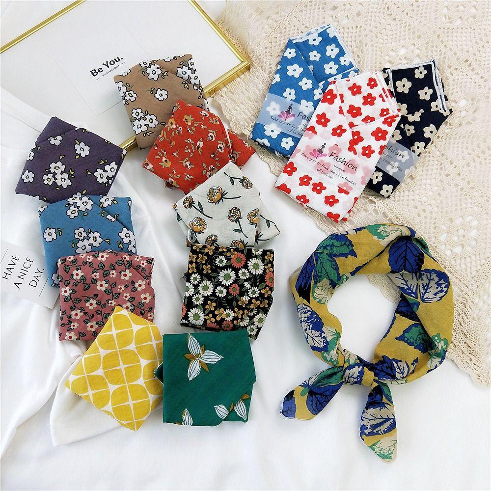 Pastoral Style Printed Silk Scarf Head Scarf Floral Kerchief Simple Scarf Hair Band  Women