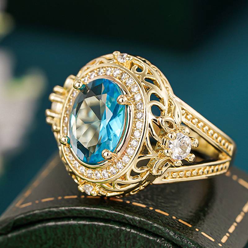 

Huitan Classic Elegant Ring for Women Party Wedding Luxury Finger Accessories Gold Color Delicate Zircon Inlaid Shiny Blue CZ 6