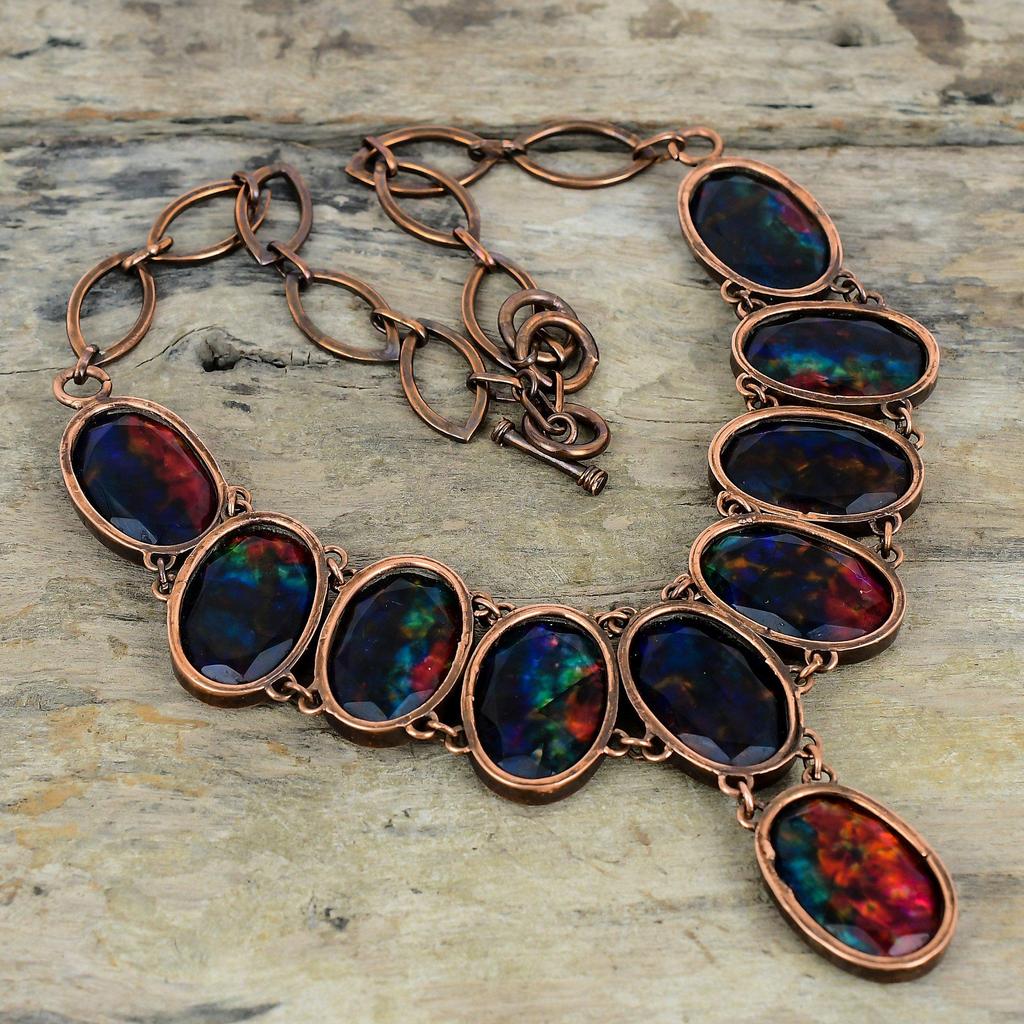 Faceted Ammolite Necklace Electroformed Copper Necklace Adjustable Chain Necklace Handmade Dainty Gemstone Necklace Copper Jewelry For Gifts
