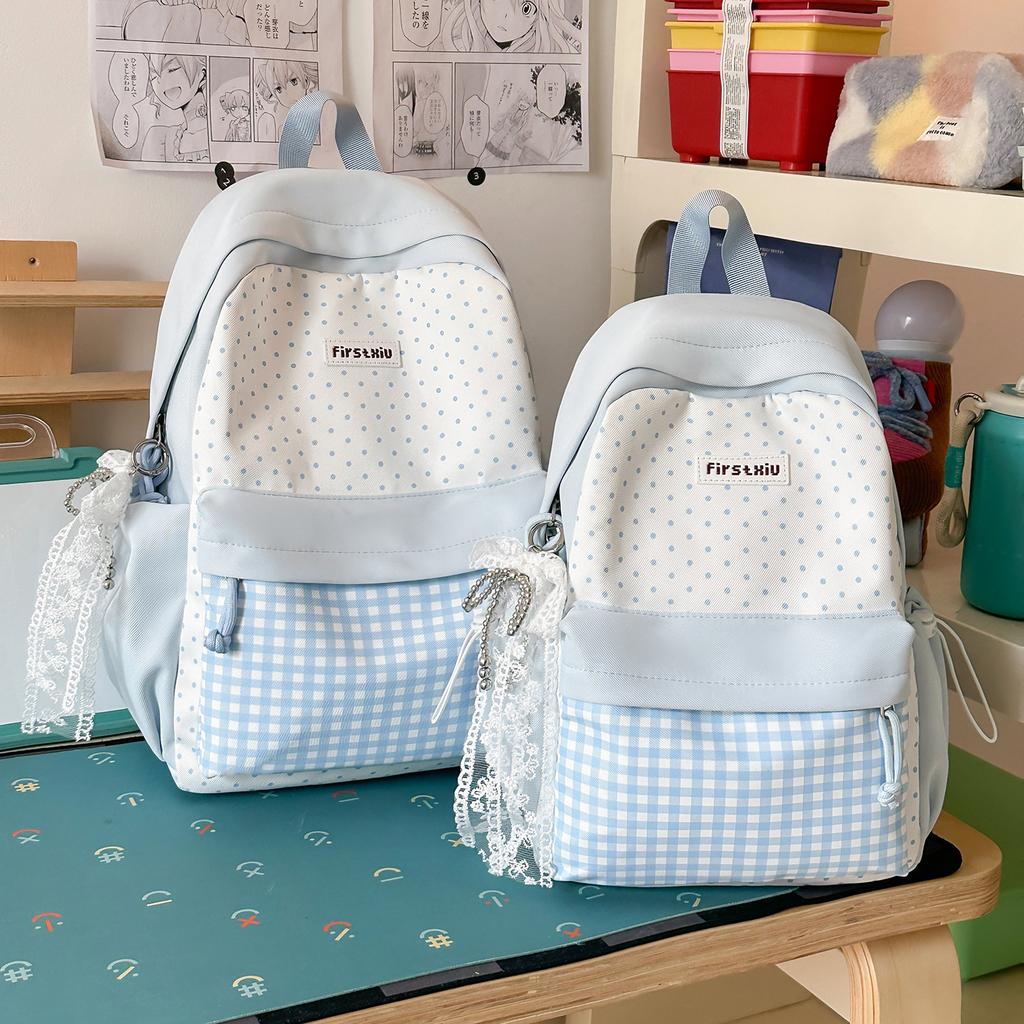 Schoolbagins Korean polka dot schoolbag female junior high school college student lightweight backpack lace decorative versatile campus backpack
