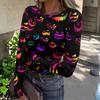 Women's Casual Fashion Long Sleeve Ribbed Top Halloween Print Round Neck Slim Fit Stretchy Knit Shirt