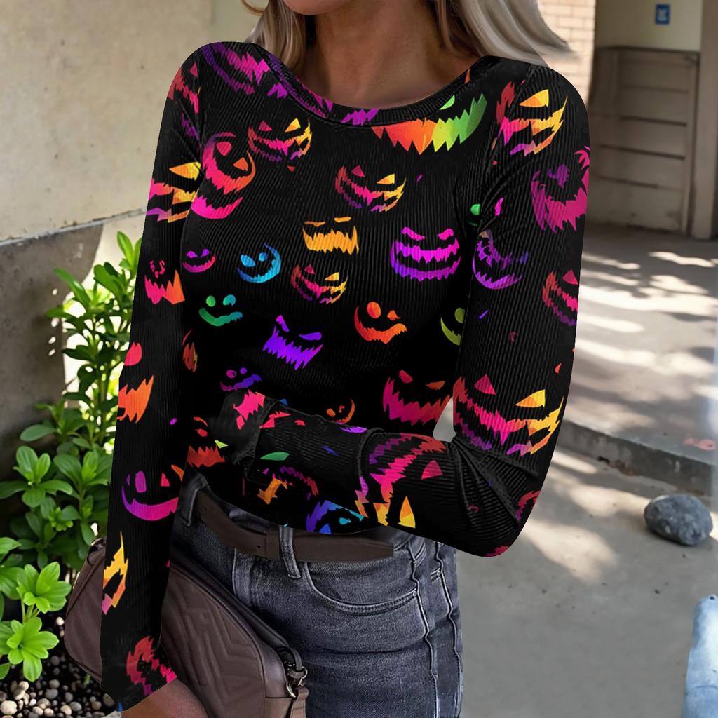 Women's Casual Fashion Long Sleeve Ribbed Top Halloween Print Round Neck Slim Fit Stretchy Knit Shirt
