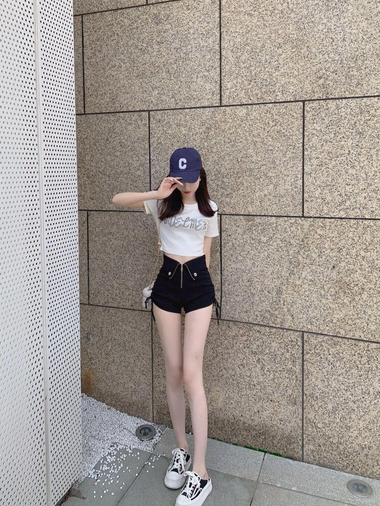 Women's Large Black Wide-Leg Drawstring Zipper A-Line High Waist Casual Shorts - Spring/Summer 2025
