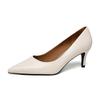 Spring new pointed head shallow mouth thin heel leather shoes tire cowhide white collar work high heels versatile women's shoes