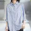 Women Casual Turn Down Collar Long Sleeve Loose Classic Stripe Blouse