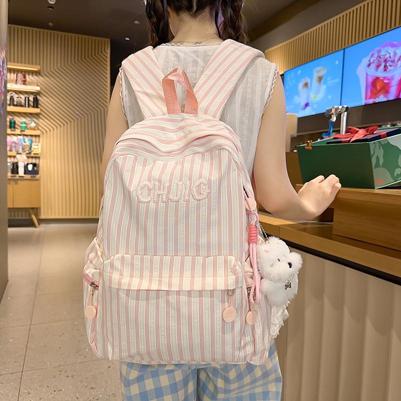 Spacious And Light Striped Nylon Backpack With Padded Straps For Girls School