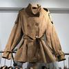 Dark gray imitation suede short trench coat for women, stand-up collar double-breasted epaulet belt waist retro tooling short coat