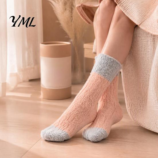 Plush Warmth for Autumn Winter Thickened Long Socks Women, Warm Coral Fleece Socks, Soft Thermal Hosiery Sleep Anti-static Contrast Color Indoor Cozy