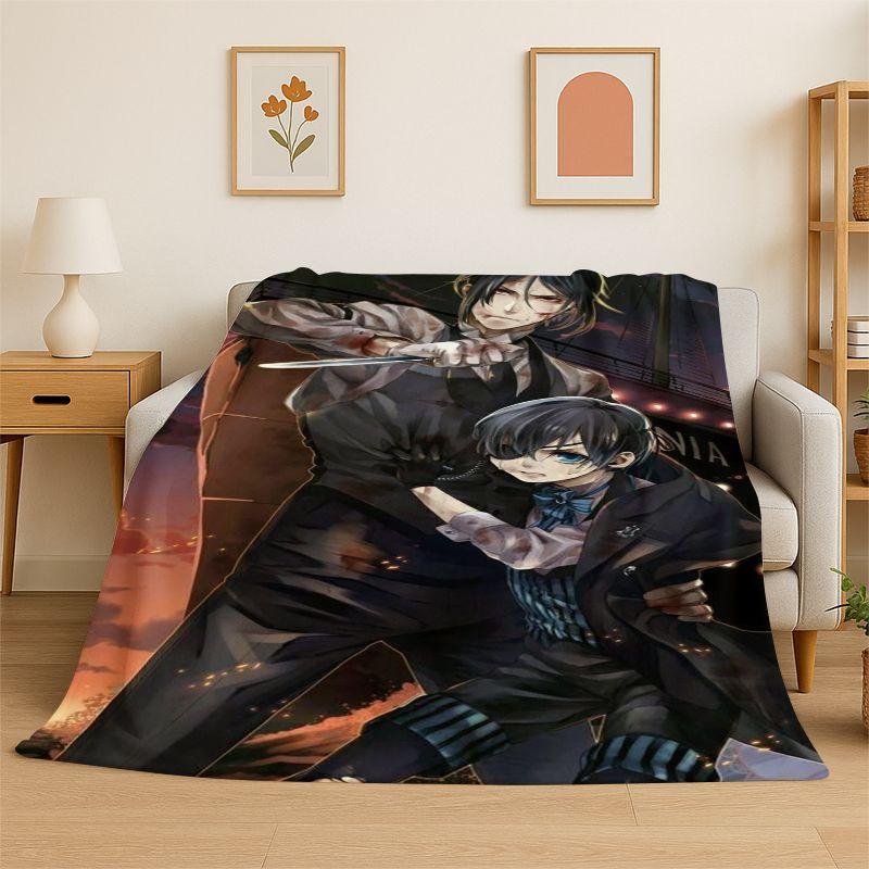 Black Butler Cartoon Anime Flannel Blanket Soft Warm Throw Blanket for Bedroom Living Room Bed Travel Camping Picnic Gift