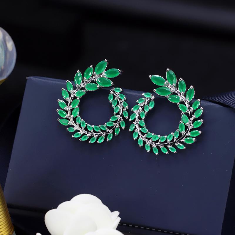 Olive Branch Leaf Zircon Earrings, Copper Platinum Plated Earrings