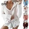 Auutmn Winter Women Hoodie Drawstring Hooded Thick Fuzzy Long Sleeves Solid Color Loose Heat Retention Pullover Casual Wear Sport Top