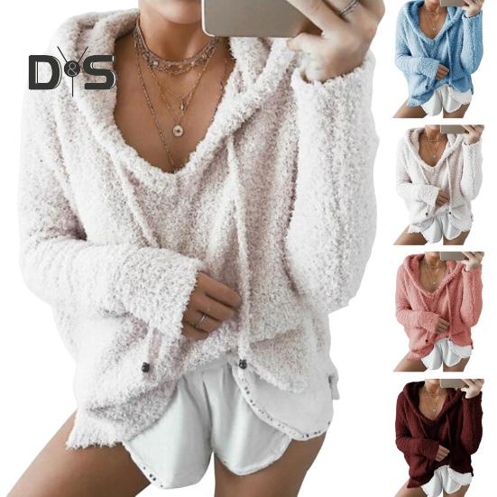 Auutmn Winter Women Hoodie Drawstring Hooded Thick Fuzzy Long Sleeves Solid Color Loose Heat Retention Pullover Casual Wear Sport Top