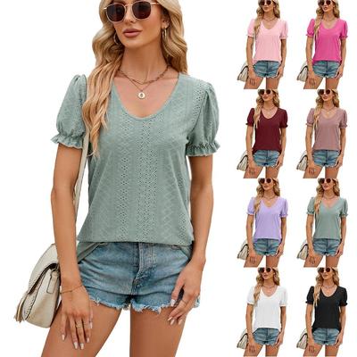 T-shirt da donna estiva tinta unita scollo a U alla moda ampia pullover a maniche corte top