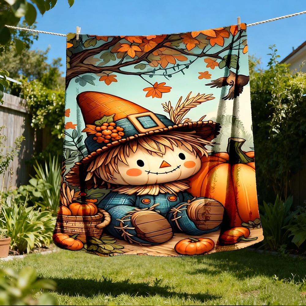 1pc Scarecrow, Pumpkin Throw Blanket Polyester Fiber, Lightweight Flannel, Soft & Warm, All Season Use for Outdoor, Camping Digital Print