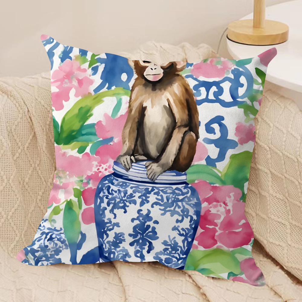 Monkey in chinoiserie garden Cushion Cover Soft Plush Fabric DoubleSided Printed Cushion Covers for All Seasons Home Decor