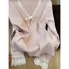 Pink Vneck Lace Patch Wool Knit Sweater For Women Fall Winter Casual Comfort