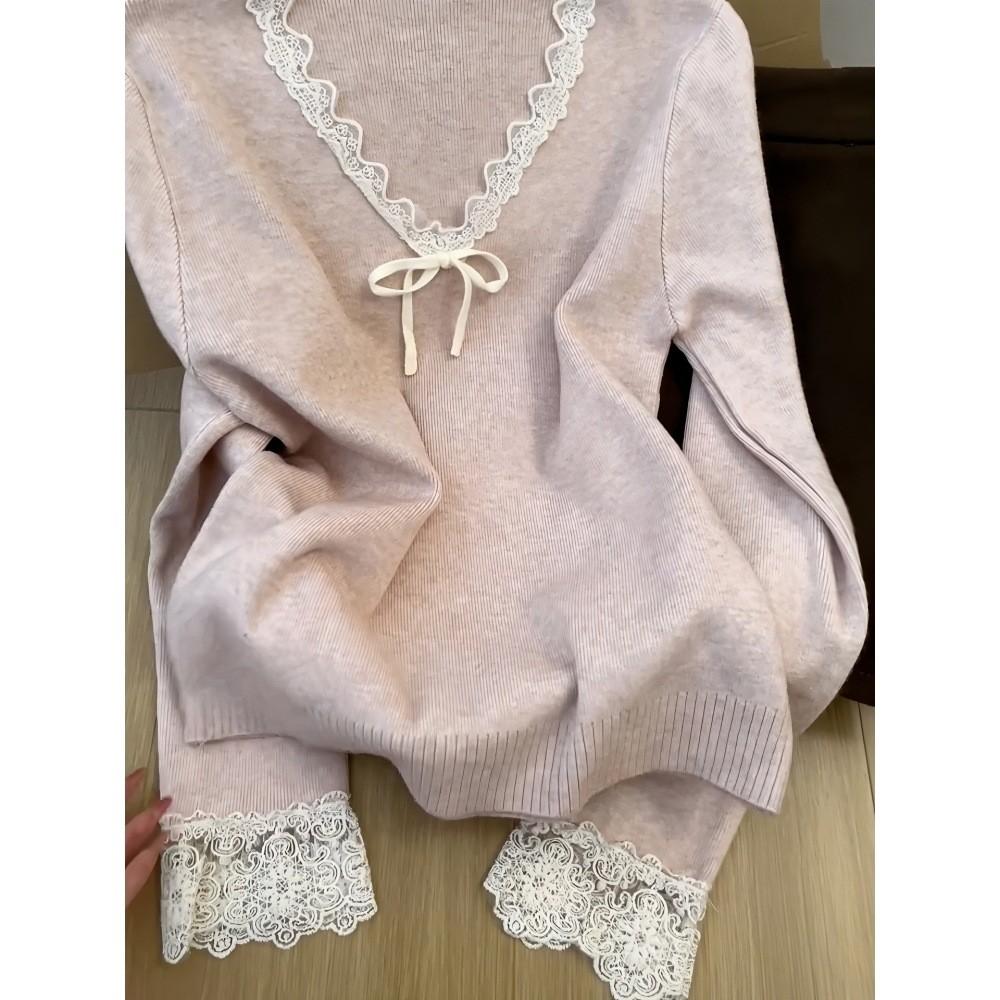 Pink Vneck Lace Patch Wool Knit Sweater For Women Fall Winter Casual Comfort