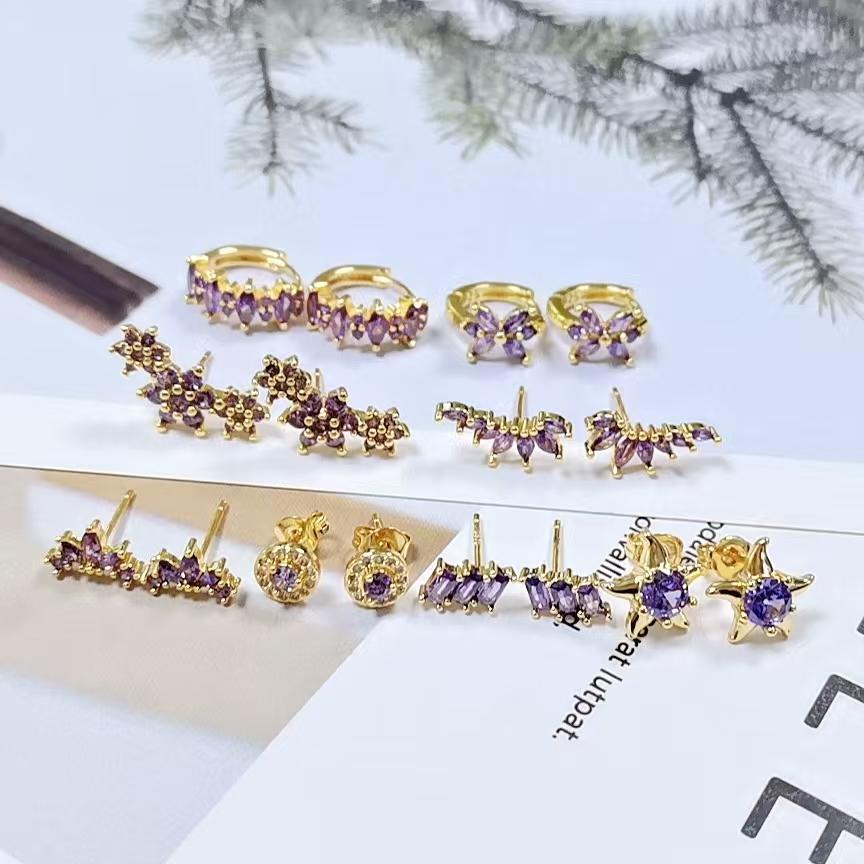 Damen 925 Silber Ohrstecker Lila Zirkon Ohrringe Creolen Lila Kristall Anhänger Ohrring Mode Hochzeits Schmuck