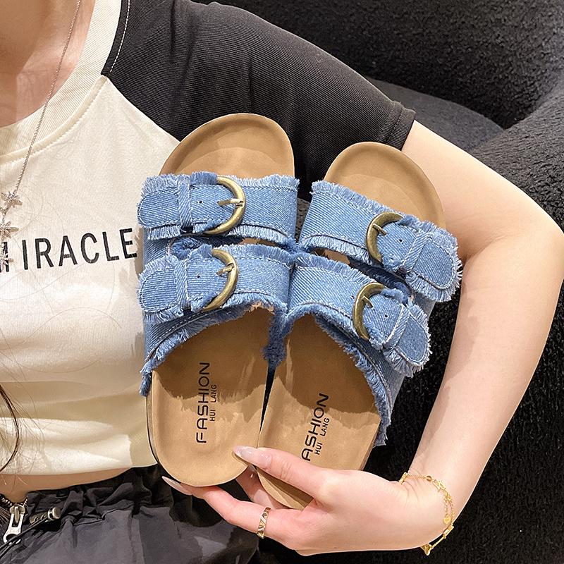 Fashion Summer Fashion Retro Denim Open-Toe Slippers Women All-match Outdoor Slides Sandals Casual Flats Shoes Comfortable Flip Flops