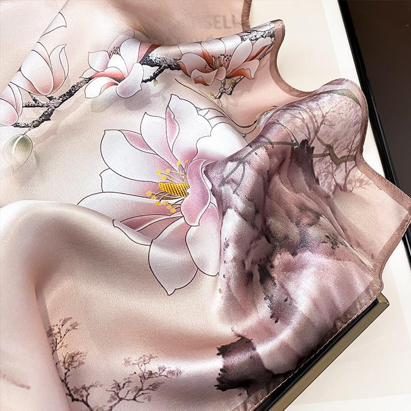 Elegant Pink Floral Silk Scarf Women Lightweight Square Neck Wrap 100% Mulberry 53x53cm