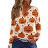 Women's Casual Long Sleeve V-Neck T-Shirt with Halloween Print and Decorative Buttons