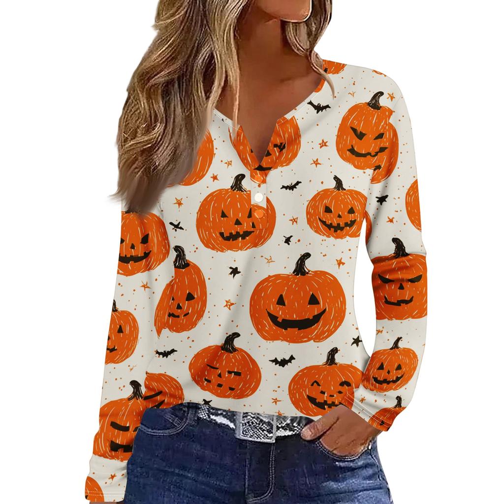Women's Casual Long Sleeve V-Neck T-Shirt with Halloween Print and Decorative Buttons