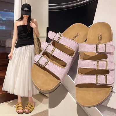 Neue Römersandalen mit flachem Boden, Damen-Gürtelschnalle, Einschlupf, dicksohlige, bequeme Outdoor-Bekleidung, Zuhause, coole Hausschuhe für Damen