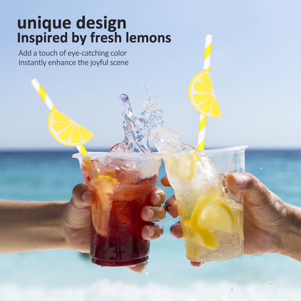 140Pcs Paper Drinking Straw Striped Drinking Straws With Lemon Decor Happy Birthday Wedding Party Supplies Drinking Straw