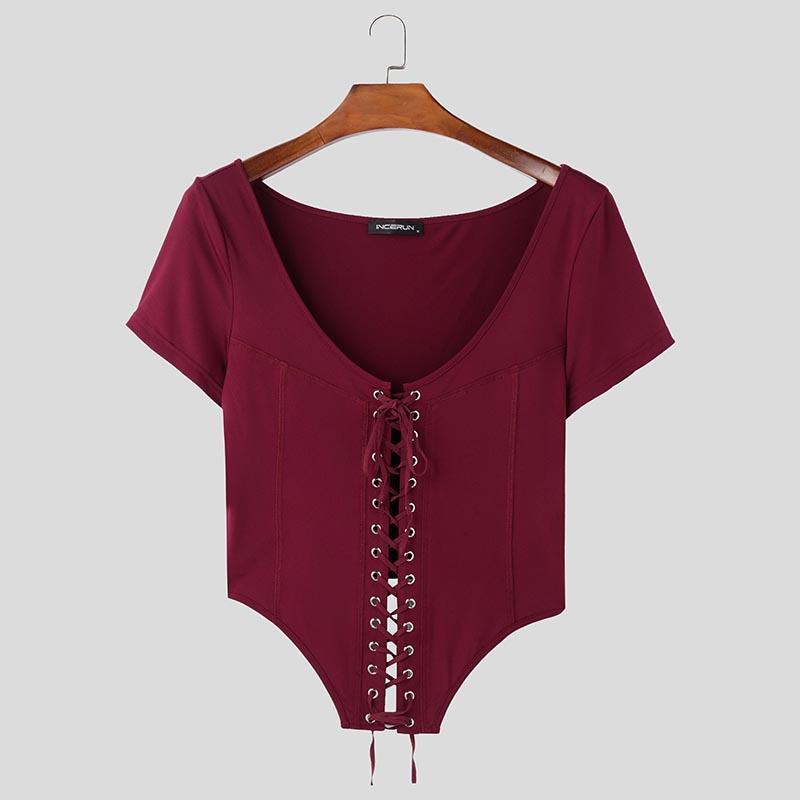 

INCERUN Мужские летние футболки с коротким рукавом, однотонные, с оборками, облегающие, бандажные, укороченные, топы XL