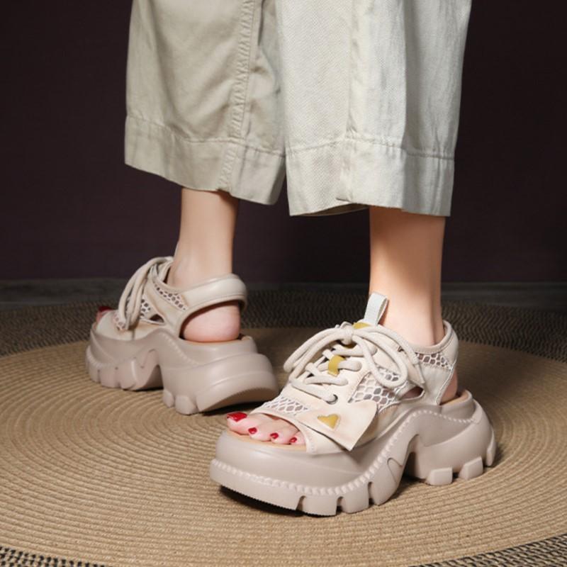 Johnature Fashion Hollowed Out Sandals Genuine Leather Thick Soled Lace Up Breathable Women's Platform Shoes