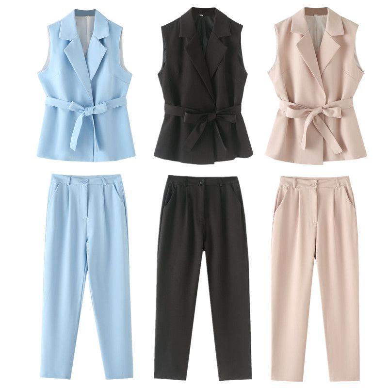 Western Style Women clothes 2024 Summer New Fashion Trendy With Belt Sleeveless Vest Casual Trousers Set