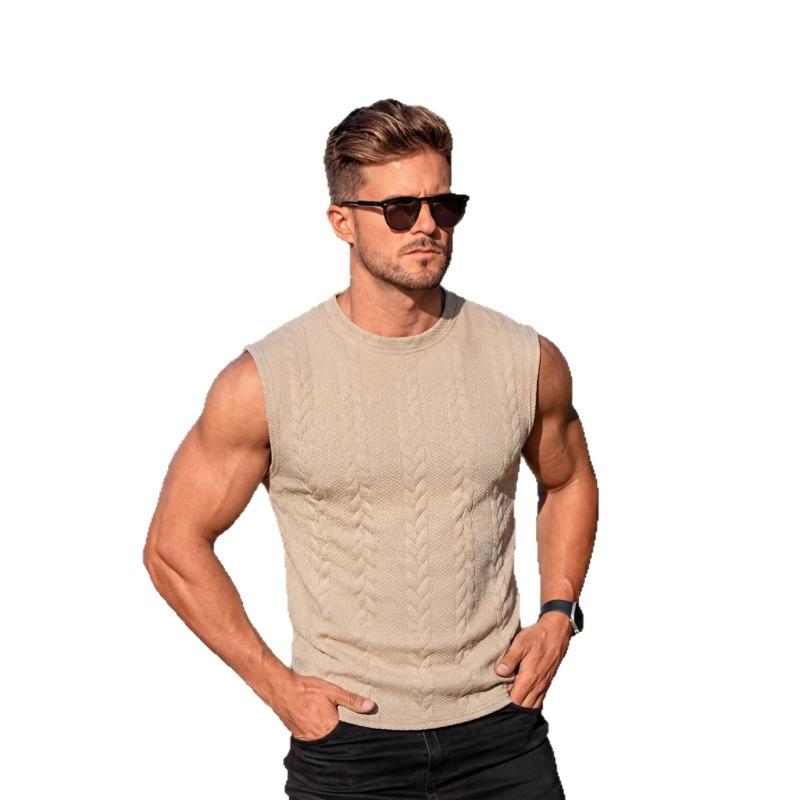Herren lässiges ärmelloses Tanktop mit Zopfmuster und Struktur L khaki
