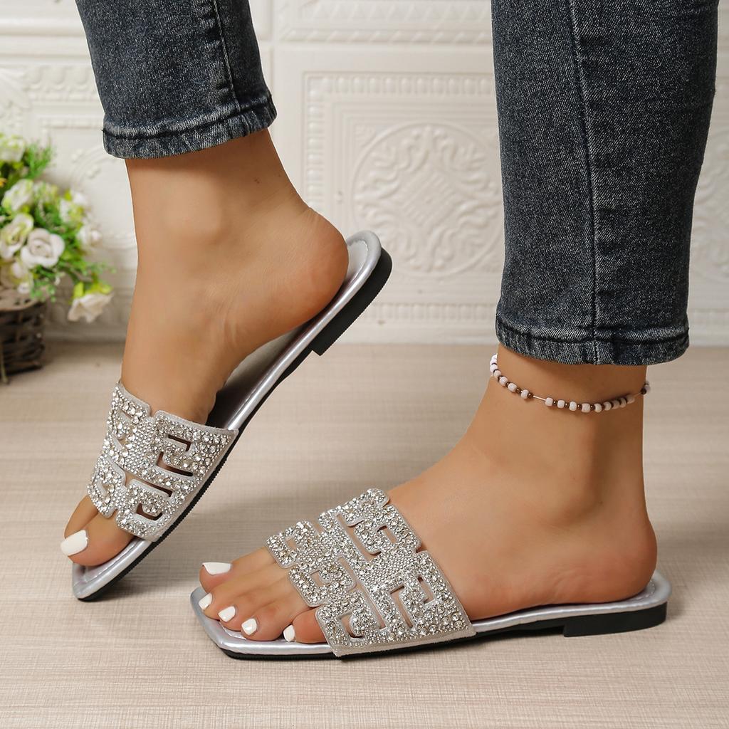 Europe, America 2025 Summer New Rhinestone Slippers Flat Slippers Women's Casual One-word Sandals Beach Shoes