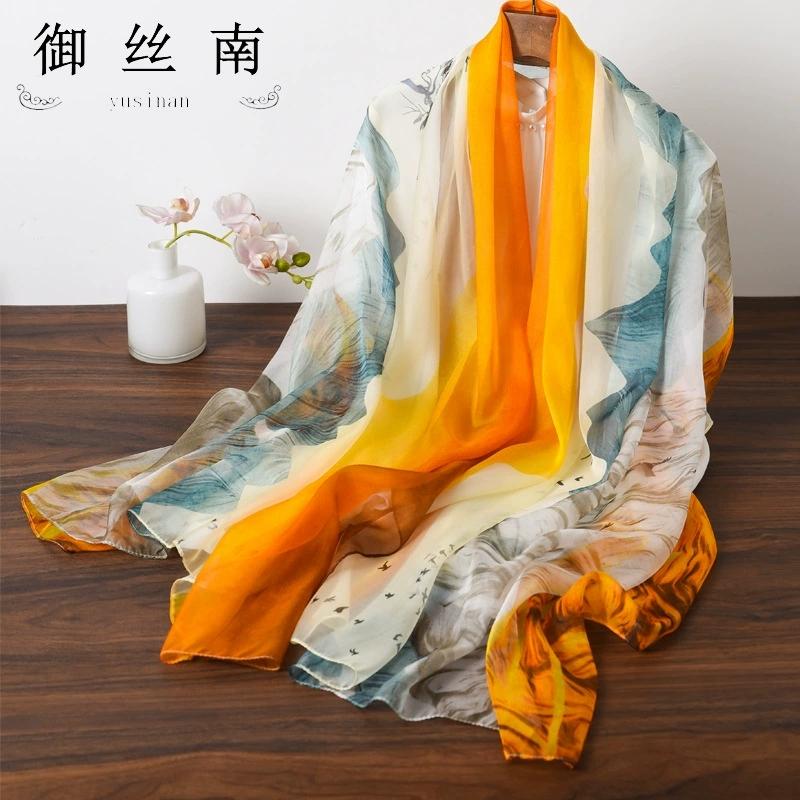 Spring Summer Women Large-size Printed Beach Shawls Muslim Hijabs Travel Thin Sunscreen Scarf/Scarves 100% Silk Beach Scarf