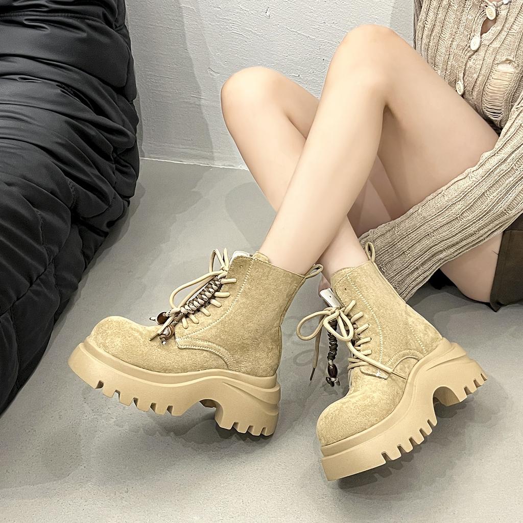 Thick-soled Heightened Big-headed Ugly Cute Martin Boots Women's 2025 New Autumn and Winter Fringed Locomotive Boots Short Boots Rhubarb Boots
