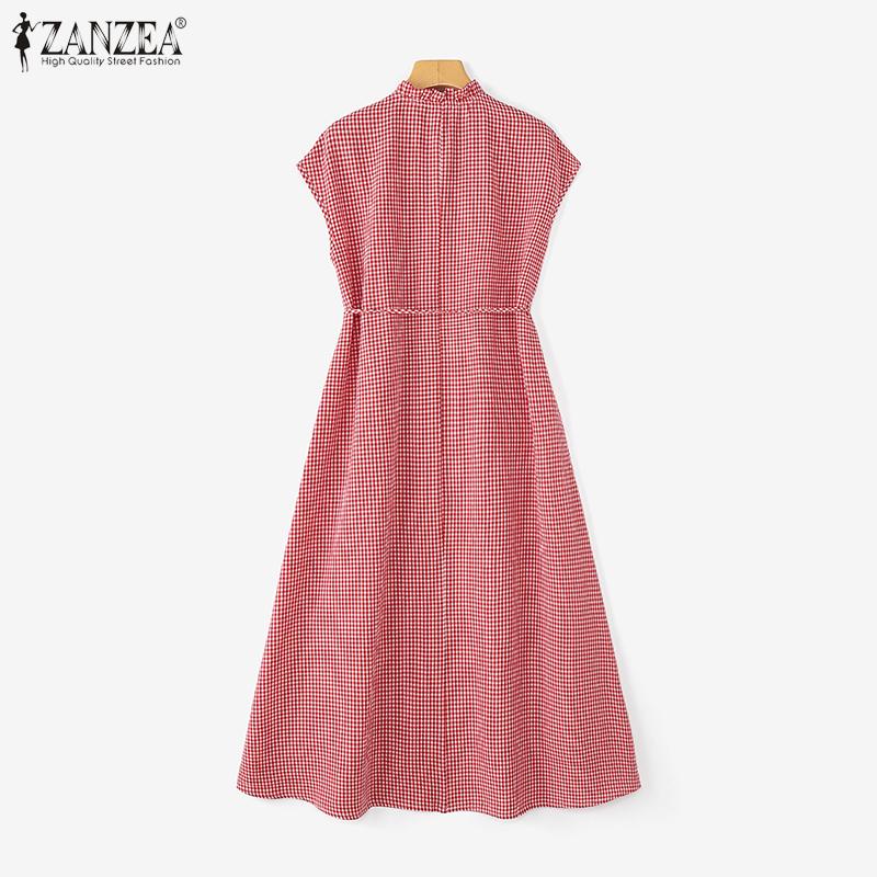 ZANZEA Women Casual Round Neck Summer Sleeveless Plaid Print Dress